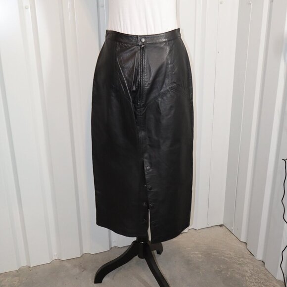 G-III Womens Vintage Black Leather Midi Pencil Skirt Back Snaps 80's Size 11/12 - Picture 3 of 11